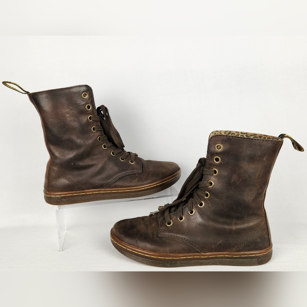 Doc Dr Martens Stratford Brown Lace Up Leopard Fold Boots Women's Size 7